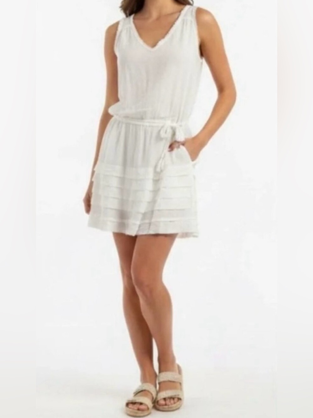 Ramy Brook White Sleeveless Tiered Mini Tied Waist Dress V-Neck M